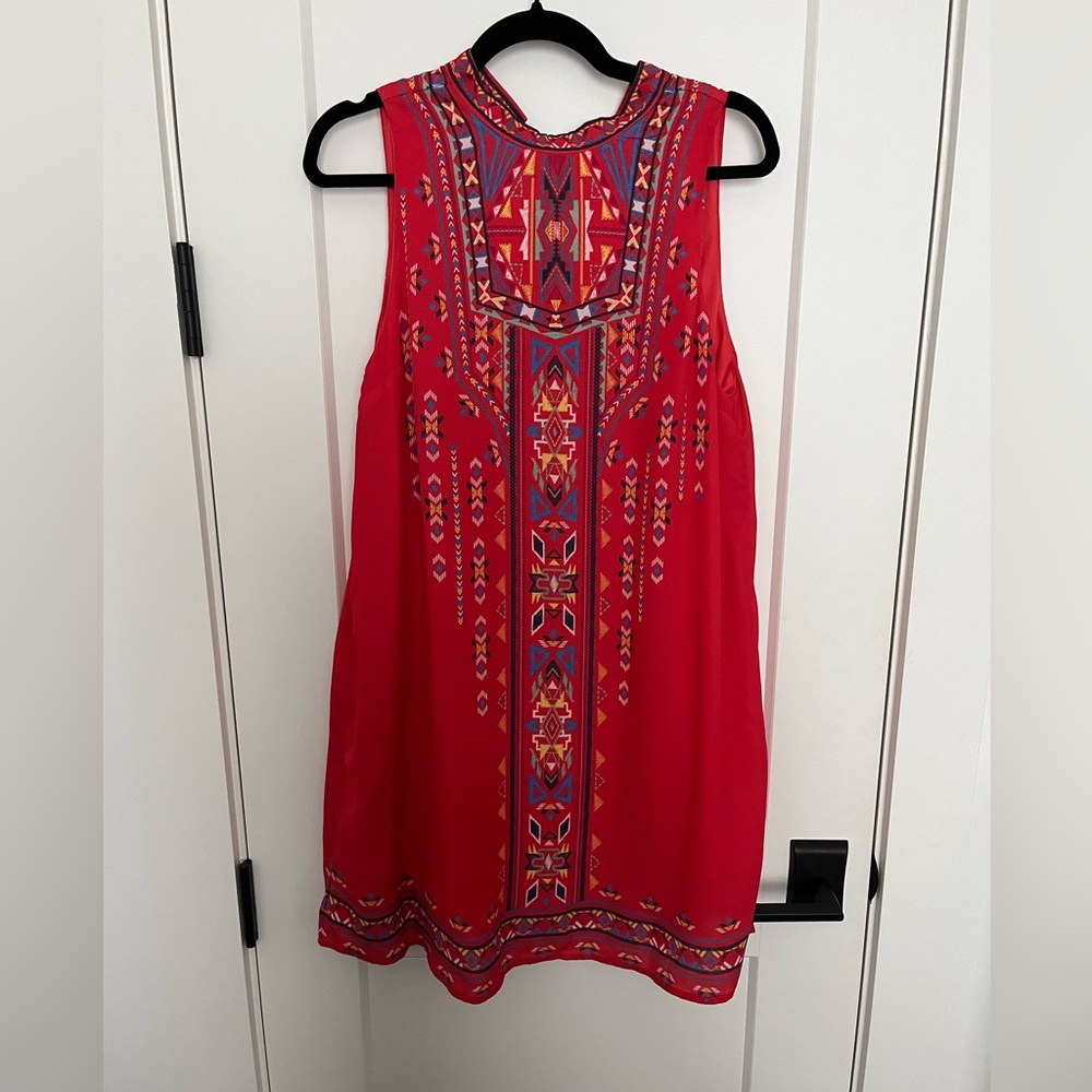 Kiki Larue red sleeveless swing Aztec geometric mini dress. Size M or L